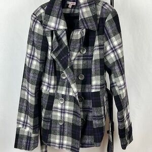 Bongo Women's Plaid Peacoat Jacket - Black, White & Purple